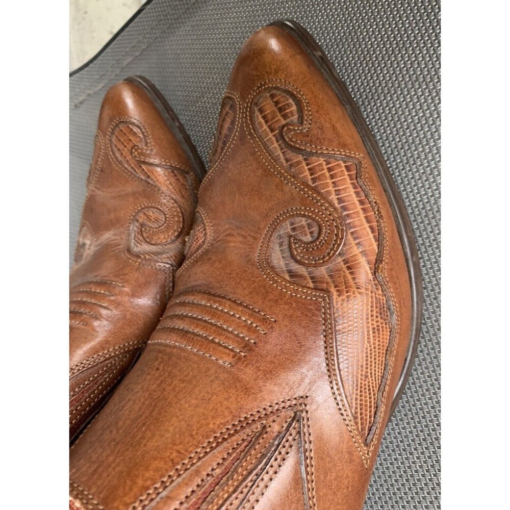 Nine West  Western Cowgrl CHESTNUT BROWN Mixed Leather Ankle Booties Pointed Toe - Picture 2 of 11